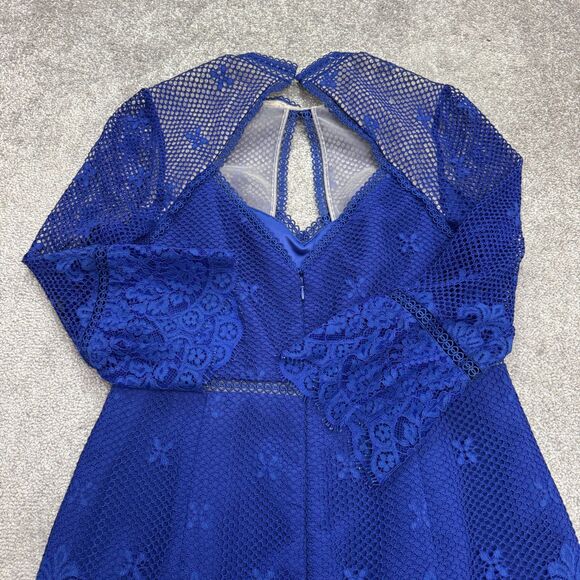 Ever New Melbourne Lace Mesh Mini Dress Womens 12 Blue Bell Sleeve Backless - Picture 3 of 14
